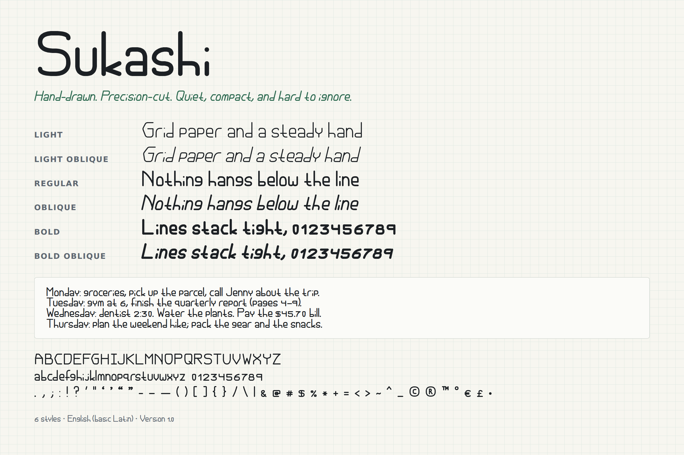 Sukashi specimen sheet showing all six styles and the full character set